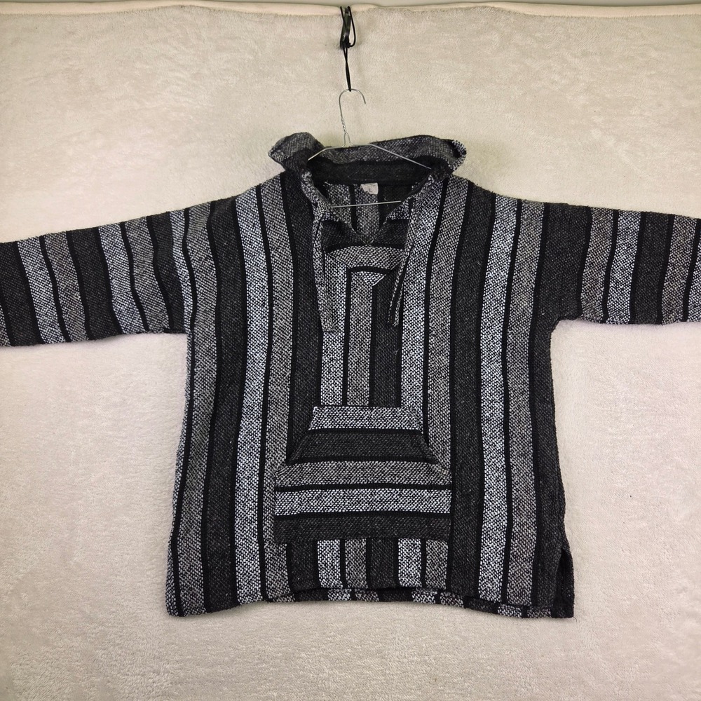 Mexican Baja Hoodie Pullover Black Gray White Striped Woven Jerga Large 4286